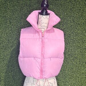 UANEO Pink Cropped Puffer Vest Cinchible Waist XS